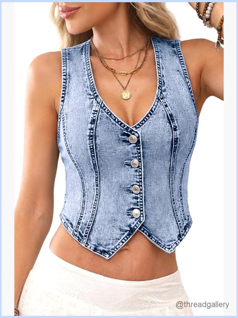 V-Neck Cropped Denim Vest High Stretch Slim Fit Western Cowgirl Jean Vest Top